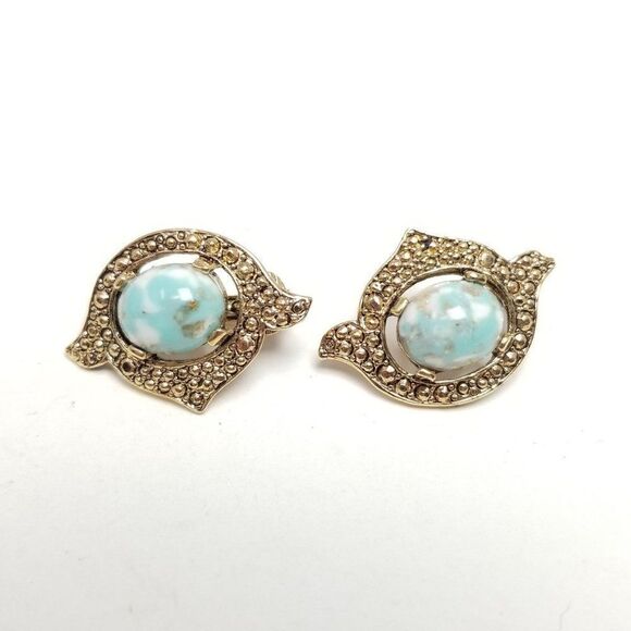 Vintage Sarah Coventry Blue Cabochon Clip On Earrings, Retro 70s Style, Signed - Picture 7 of 7